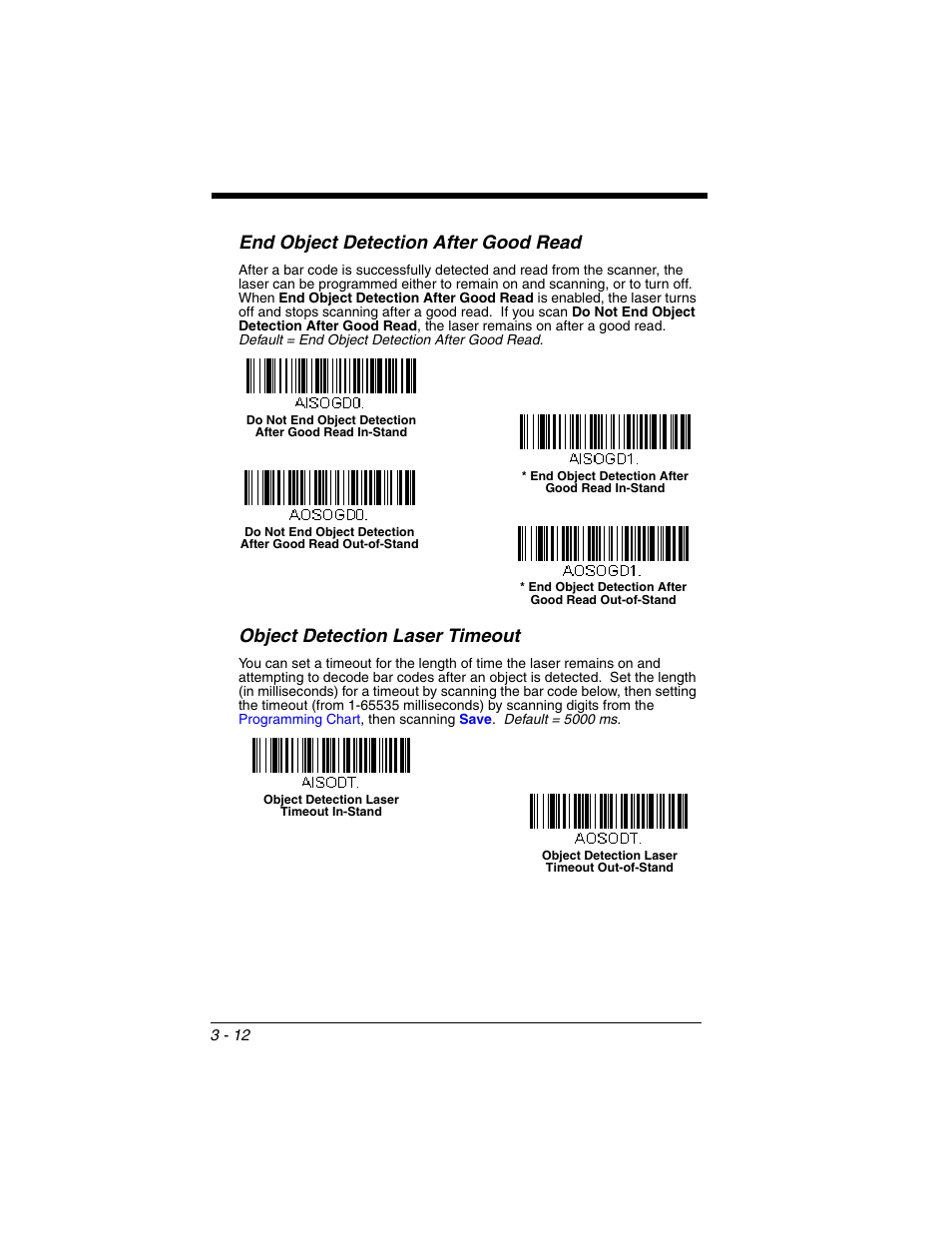 End object detection after good read, Object detection laser timeout | Honeywell VOYAGER 1250G User Manual | Page 64 / 240