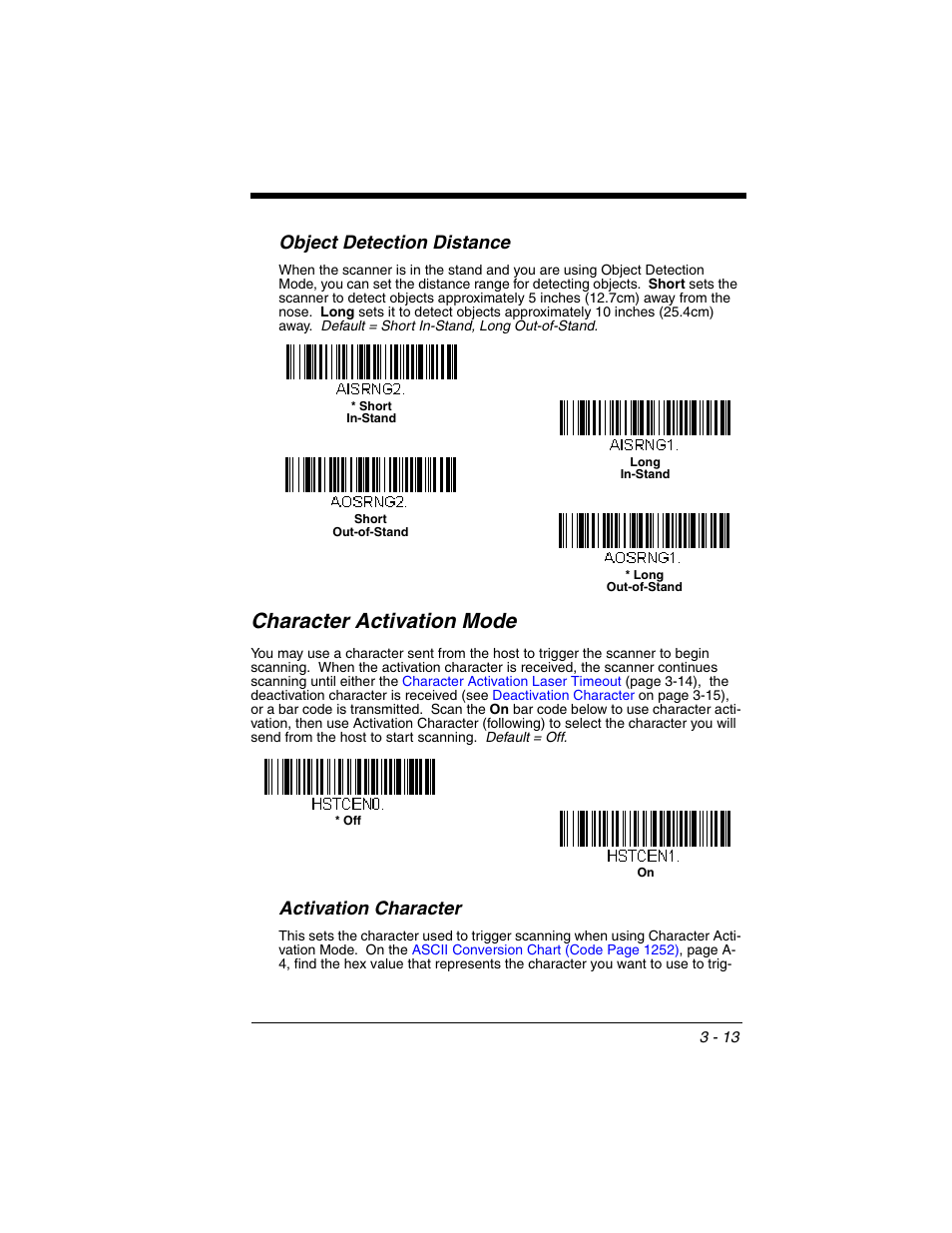 Object detection distance, Character activation mode, Activation character | Object detection distance -13, Character activation mode -13, Activation character -13 | Honeywell VOYAGER 1250G User Manual | Page 65 / 240