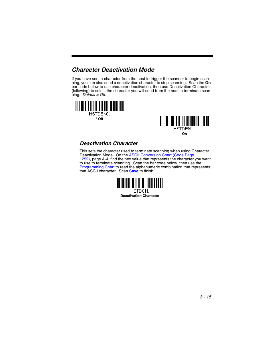 Character deactivation mode, Deactivation character, Character deactivation mode -15 | Deactivation character -15, Ed (see | Honeywell VOYAGER 1250G User Manual | Page 67 / 240