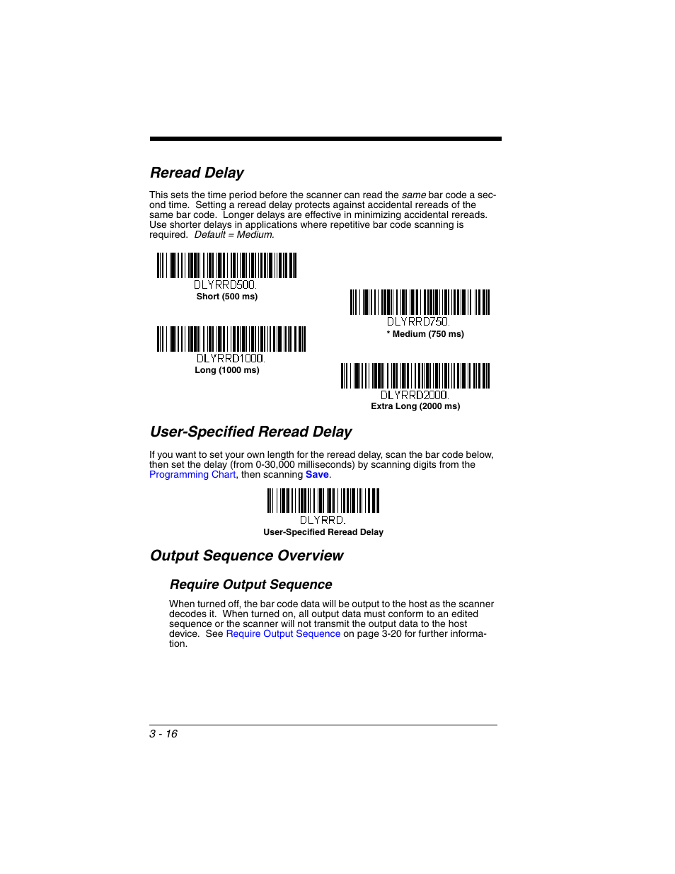 Reread delay, User-specified reread delay, Output sequence overview | Require output sequence, Require output sequence -16 | Honeywell VOYAGER 1250G User Manual | Page 68 / 240