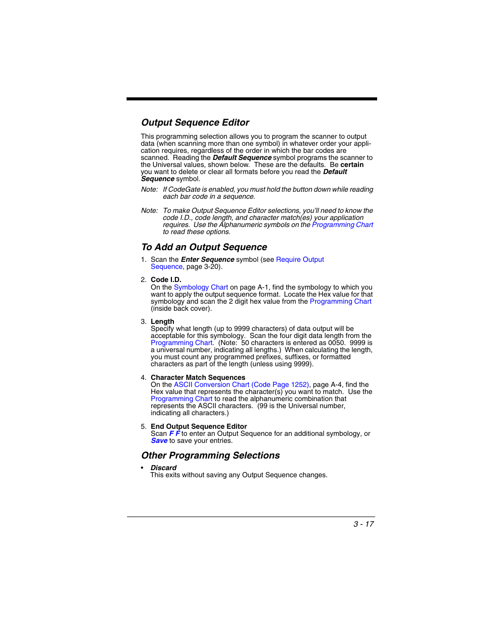 Output sequence editor, To add an output sequence, Other programming selections | Honeywell VOYAGER 1250G User Manual | Page 69 / 240