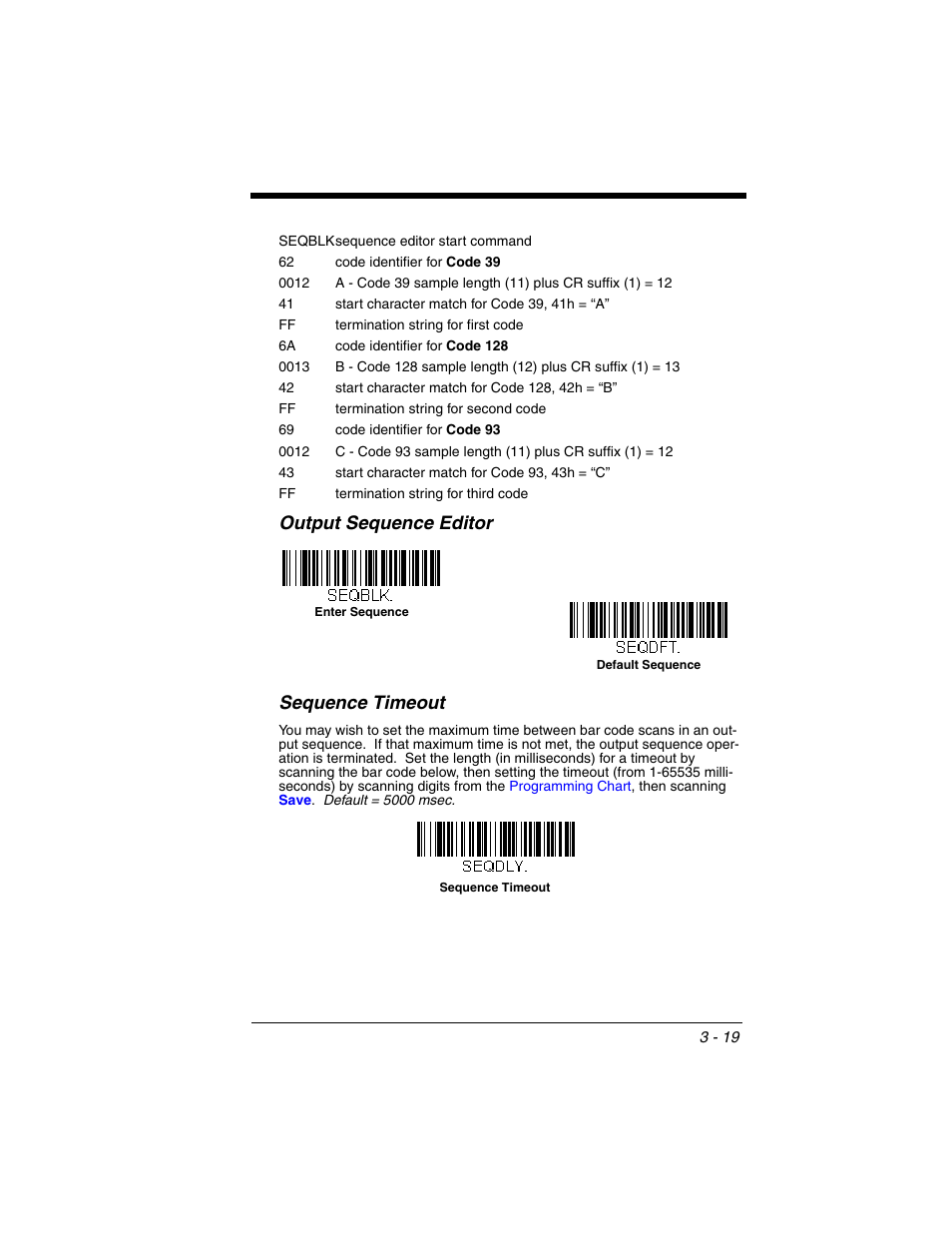 Output sequence editor, Sequence timeout, Output sequence editor -19 sequence timeout -19 | Output sequence editor sequence timeout | Honeywell VOYAGER 1250G User Manual | Page 71 / 240