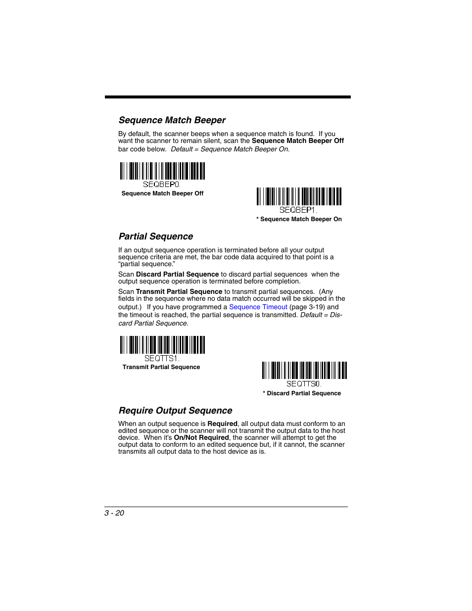 Sequence match beeper, Partial sequence, Require output sequence | Require output, Sequence | Honeywell VOYAGER 1250G User Manual | Page 72 / 240