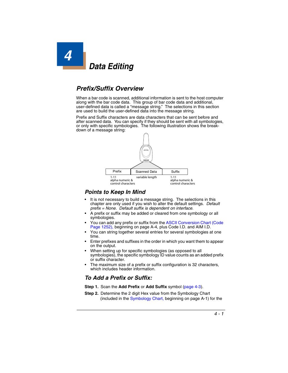 Data editing, Prefix/suffix overview, To add a prefix or suffix | Chapter 4 - data editing, Prefix/suffix overview -1, To add a prefix or suffix: -1, Editing selections (see, Points to keep in mind | Honeywell VOYAGER 1250G User Manual | Page 75 / 240