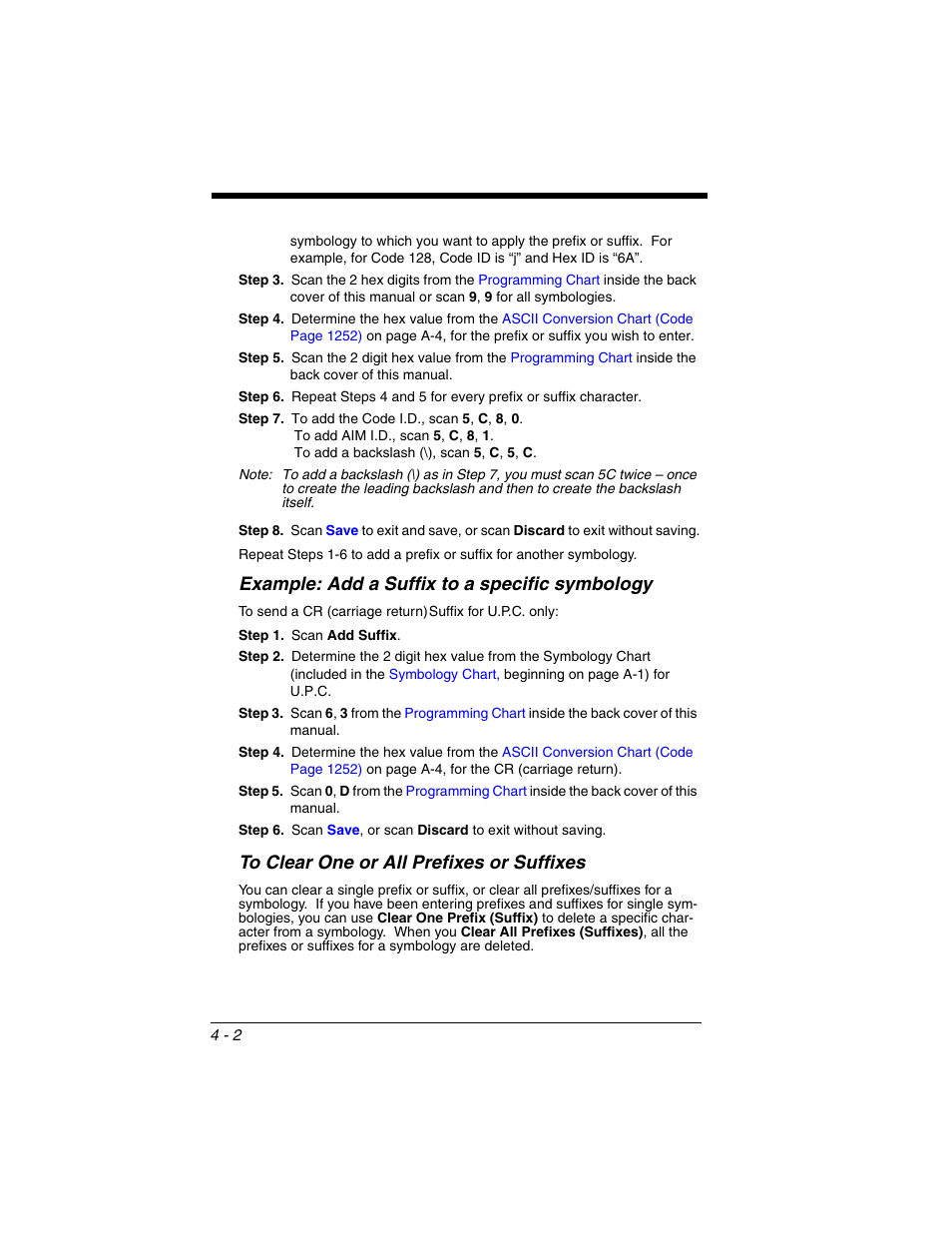 To clear one or all prefixes or suffixes, To clear one or all prefixes or suffixes -2, Example: add a suffix to a specific symbology | Honeywell VOYAGER 1250G User Manual | Page 76 / 240