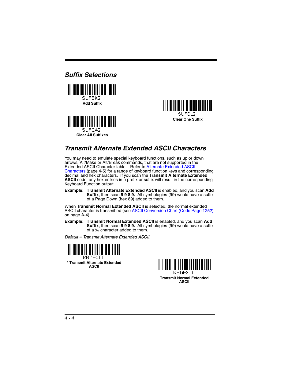 Suffix selections, Transmit alternate extended ascii characters | Honeywell VOYAGER 1250G User Manual | Page 78 / 240