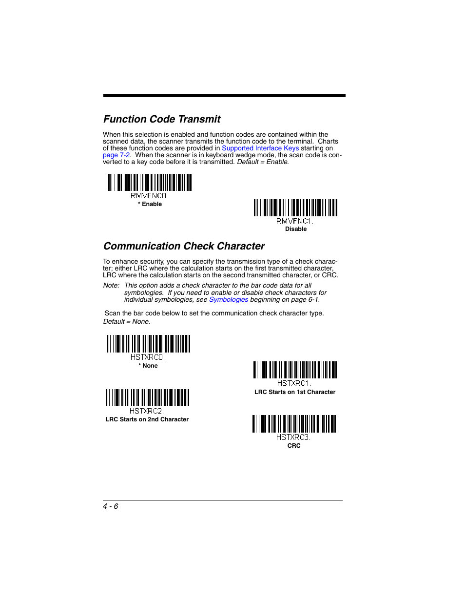 Function code transmit, Communication check character | Honeywell VOYAGER 1250G User Manual | Page 80 / 240