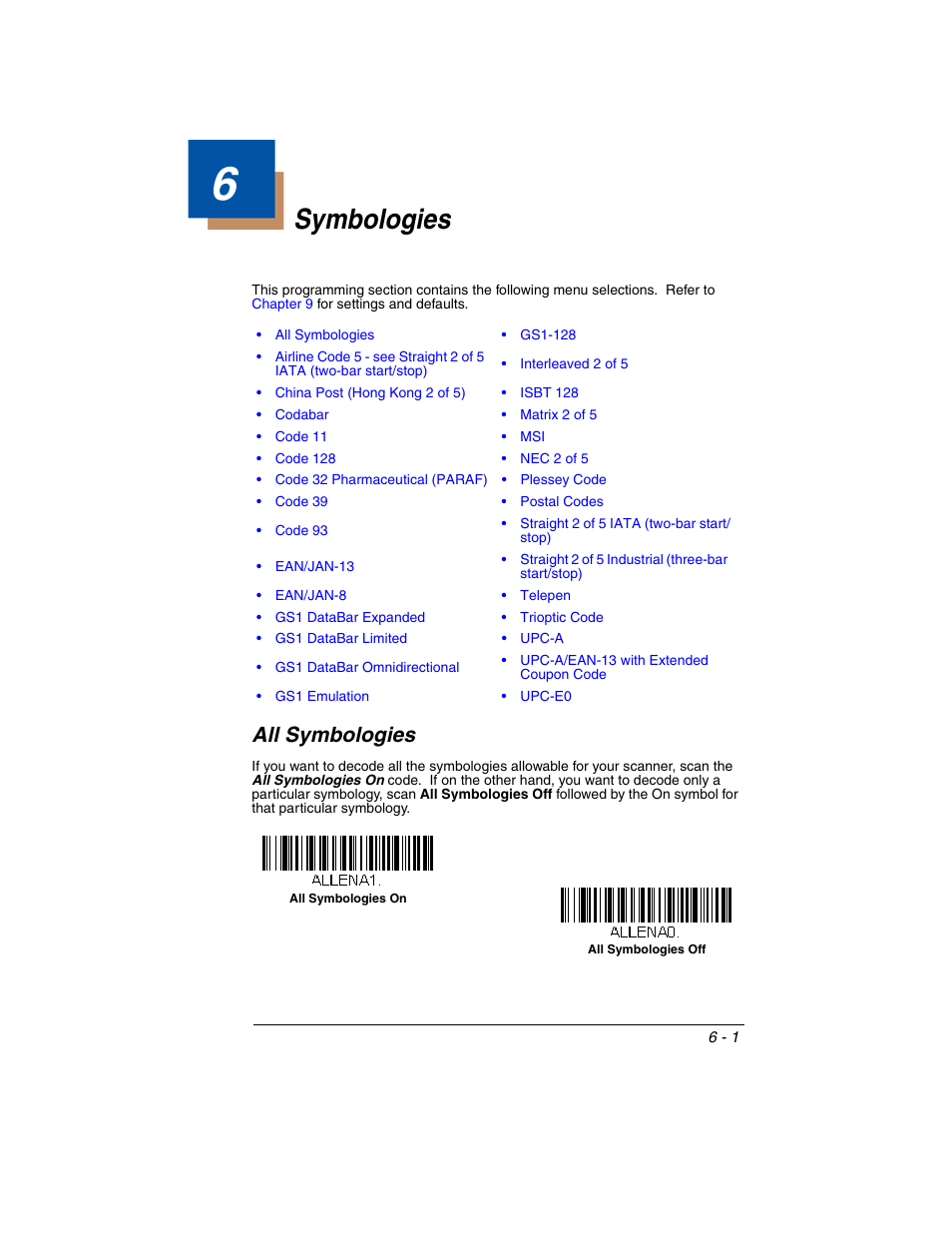 Symbologies, All symbologies, Chapter 6 - symbologies | All symbologies -1 | Honeywell VOYAGER 1250G User Manual | Page 97 / 240