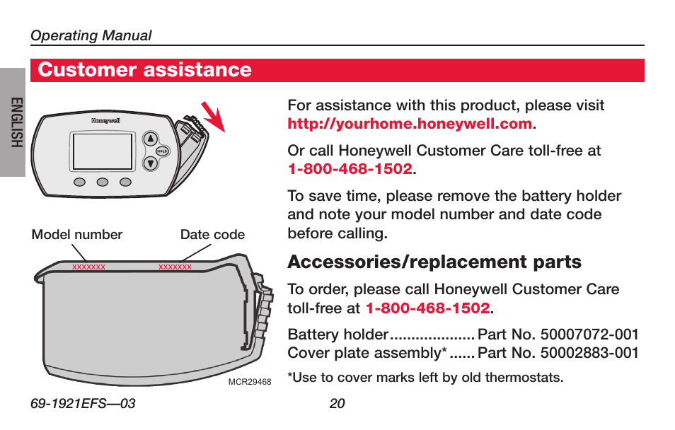 About your new thermostat, Customer assistance, Accessories/replacement parts | Honeywell FocusPRO TH6000 Series User Manual | Page 22 / 80