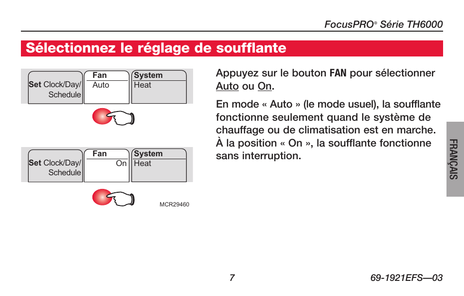 Sélectionnez le réglage de soufflante | Honeywell FocusPRO TH6000 Series User Manual | Page 35 / 80