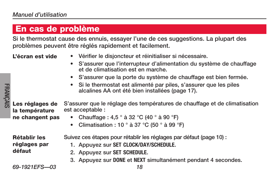 En cas de problème | Honeywell FocusPRO TH6000 Series User Manual | Page 46 / 80