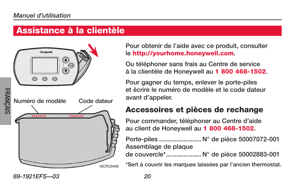 Assistance à la clientèle | Honeywell FocusPRO TH6000 Series User Manual | Page 48 / 80