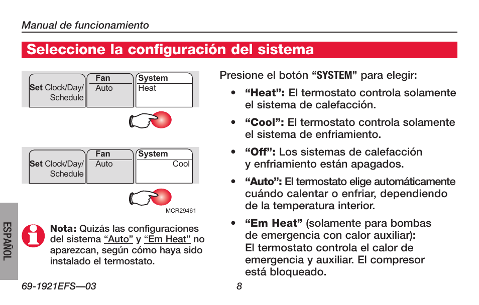 Acerca de su nuevo termostato, Seleccione la configuración del sistema | Honeywell FocusPRO TH6000 Series User Manual | Page 62 / 80