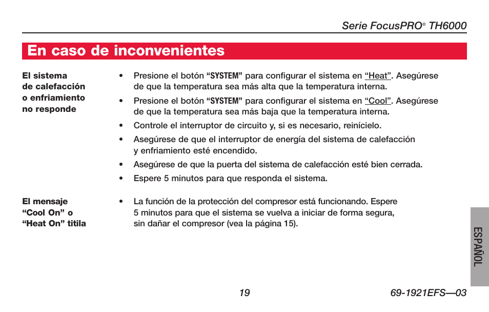 Acerca de su nuevo termostato, En caso de inconvenientes | Honeywell FocusPRO TH6000 Series User Manual | Page 73 / 80