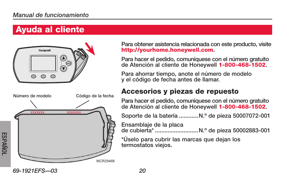 Acerca de su nuevo termostato, Ayuda al cliente, Accesorios y piezas de repuesto | Honeywell FocusPRO TH6000 Series User Manual | Page 74 / 80