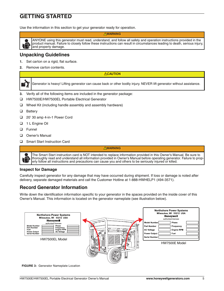 Getting started, Unpacking guidelines, Record generator information | Inspect for damage | Honeywell HW7500EL User Manual | Page 11 / 94
