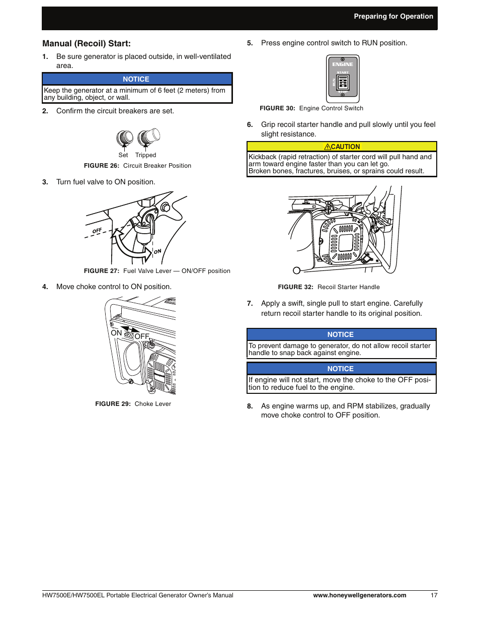 Manual (recoil) start | Honeywell HW7500EL User Manual | Page 23 / 94