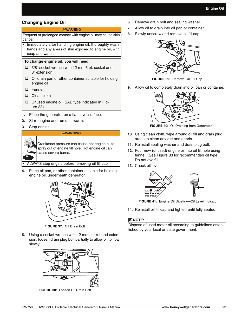 Changing engine oil | Honeywell HW7500EL User Manual | Page 29 / 94