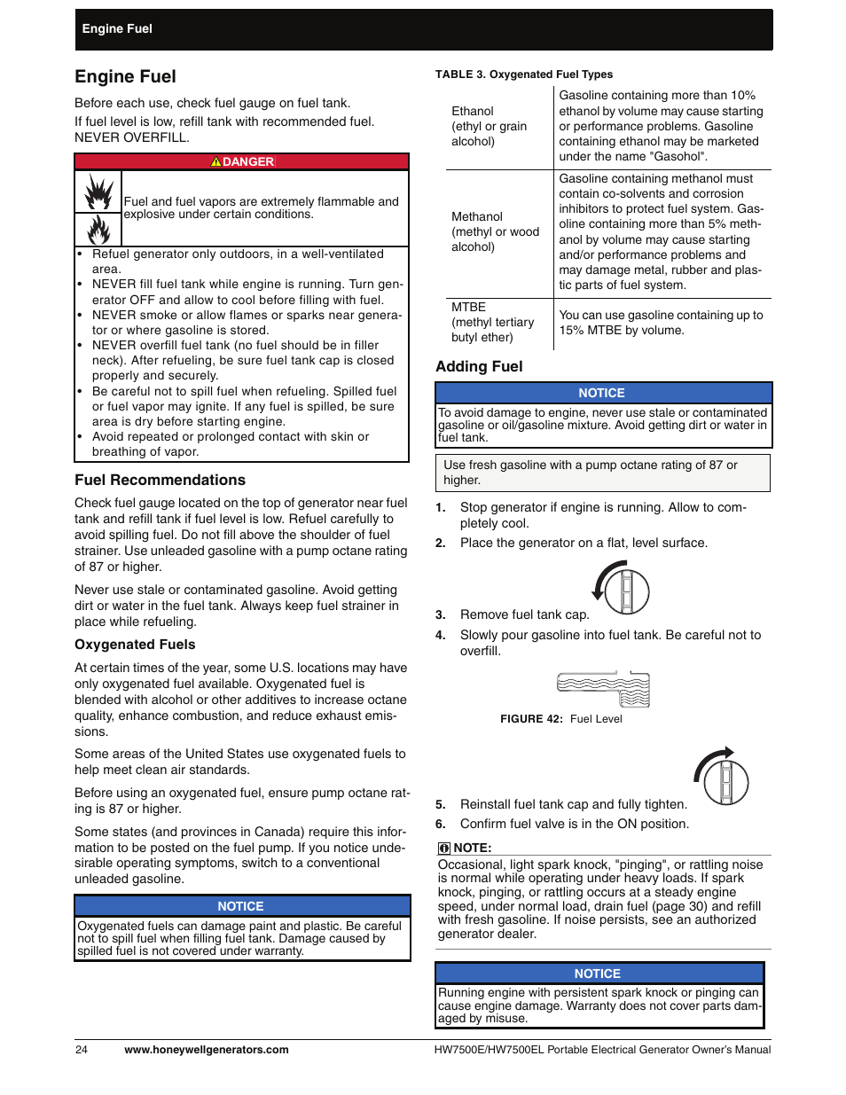 Engine fuel, Adding fuel | Honeywell HW7500EL User Manual | Page 30 / 94