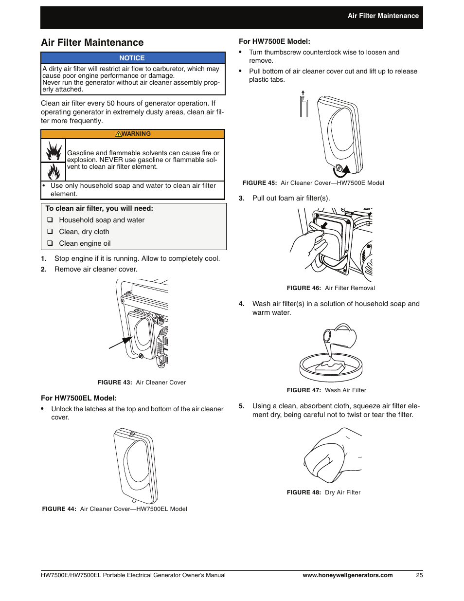 Air filter maintenance | Honeywell HW7500EL User Manual | Page 31 / 94
