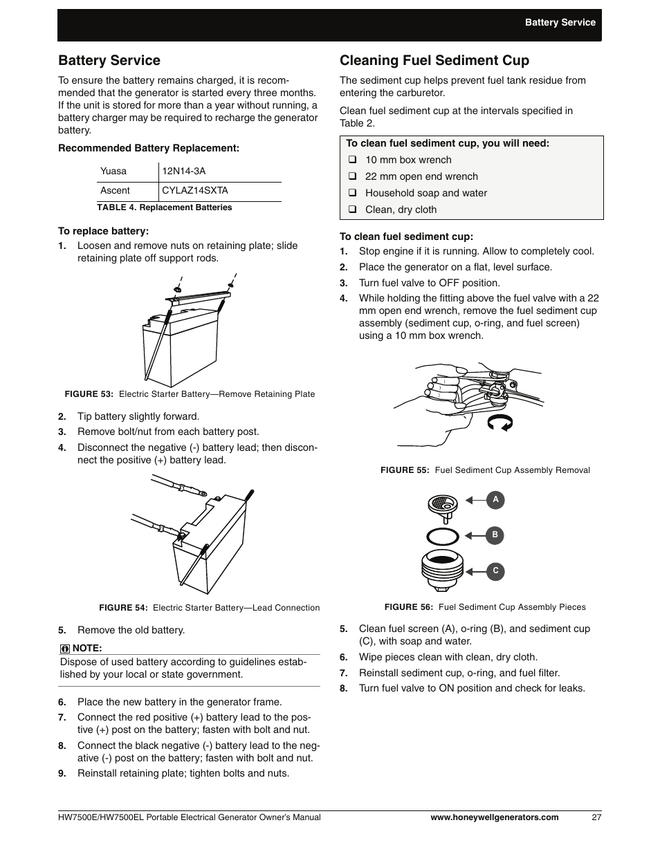 Battery service, Cleaning fuel sediment cup | Honeywell HW7500EL User Manual | Page 33 / 94