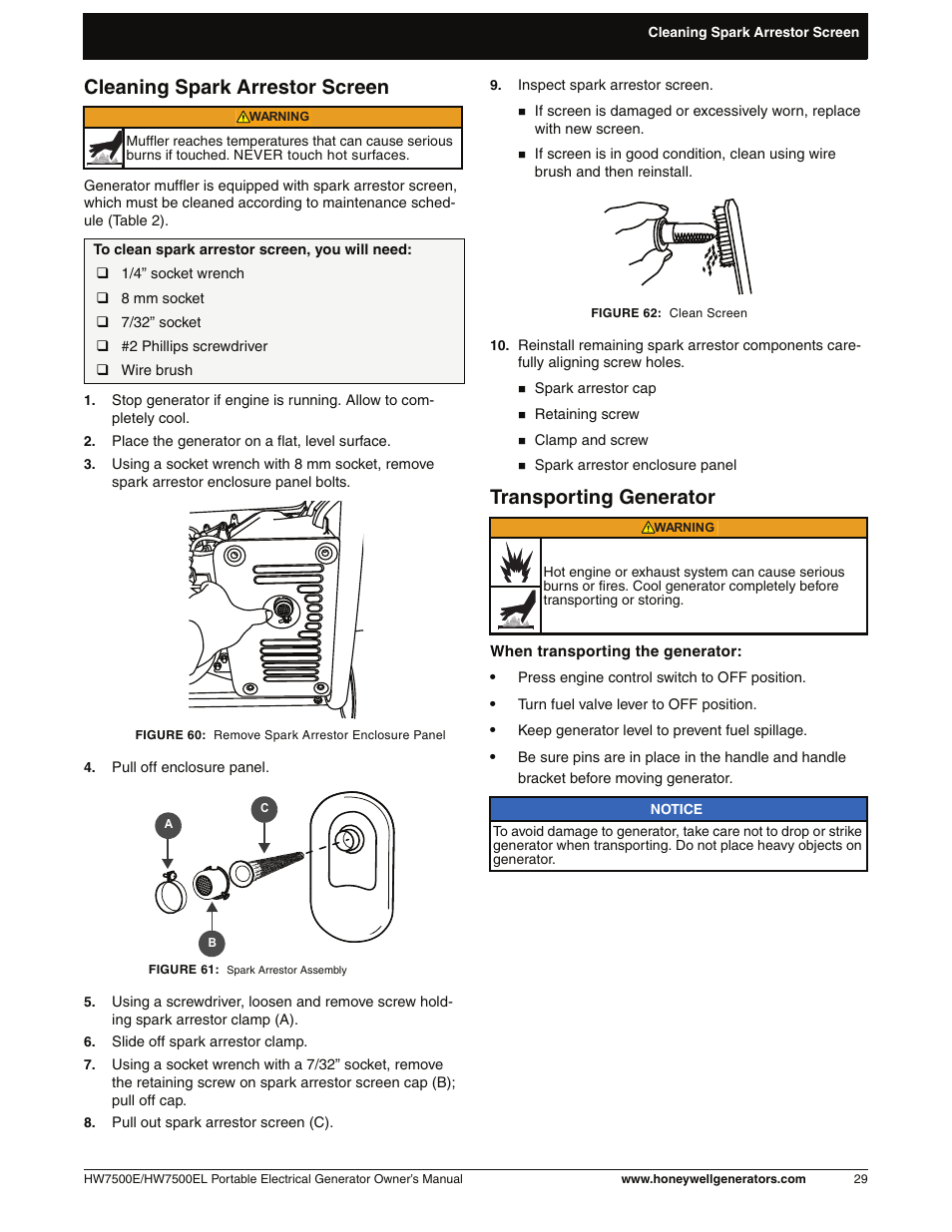 Cleaning spark arrestor screen, Transporting generator | Honeywell HW7500EL User Manual | Page 35 / 94