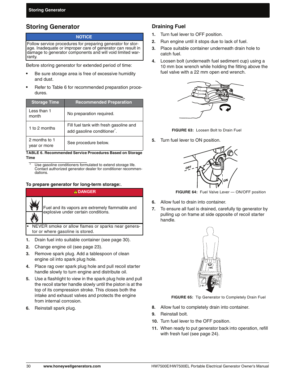 Storing generator, Draining fuel | Honeywell HW7500EL User Manual | Page 36 / 94