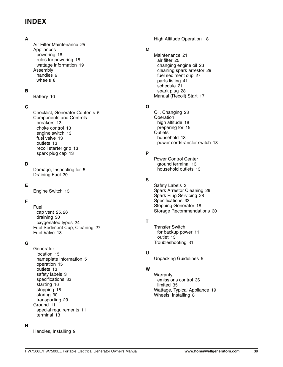 Index | Honeywell HW7500EL User Manual | Page 45 / 94