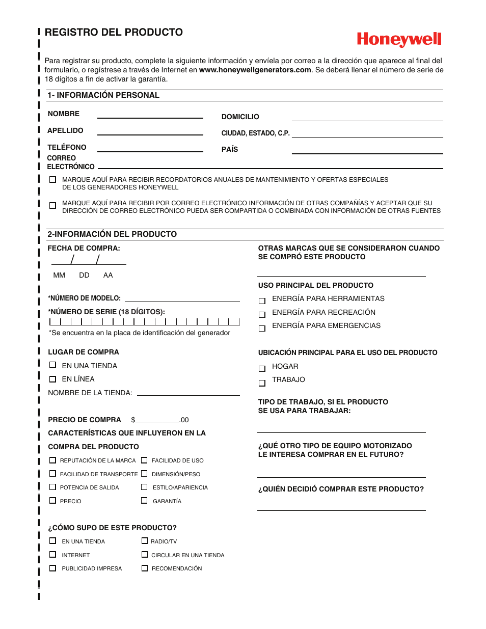 Registro del producto | Honeywell HW7500EL User Manual | Page 49 / 94