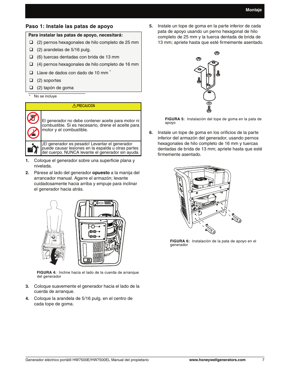 Paso 1: instale las patas de apoyo | Honeywell HW7500EL User Manual | Page 59 / 94