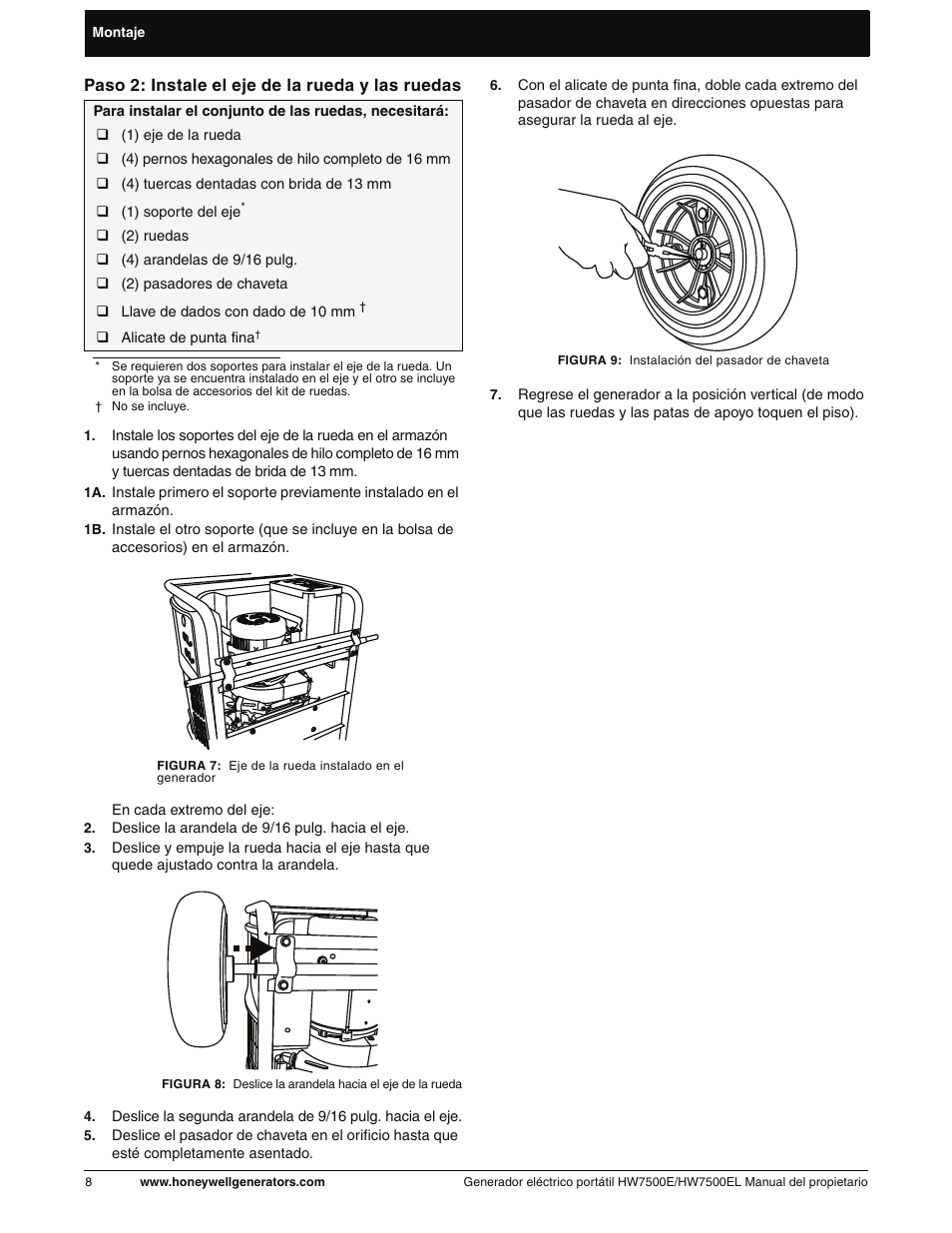Paso 2: instale el eje de la rueda y las ruedas | Honeywell HW7500EL User Manual | Page 60 / 94