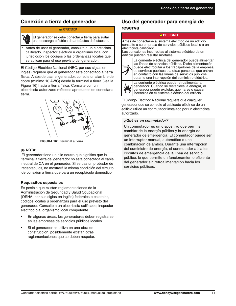 Conexión a tierra del generador, Uso del generador para energía dereserva, Uso del generador para energía de reserva | Honeywell HW7500EL User Manual | Page 63 / 94
