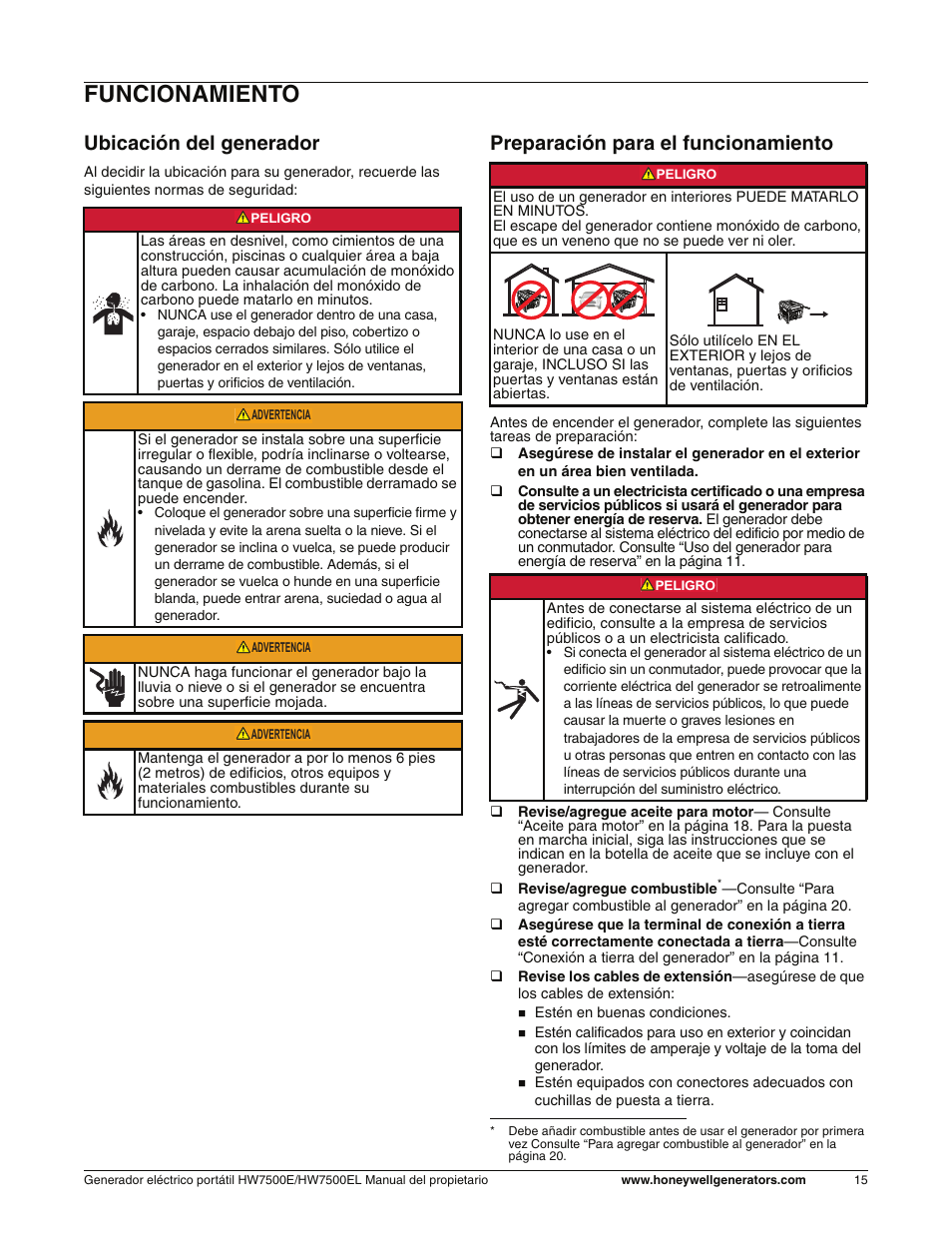 Funcionamiento, Ubicación del generador, Preparación para el funcionamiento | Honeywell HW7500EL User Manual | Page 67 / 94