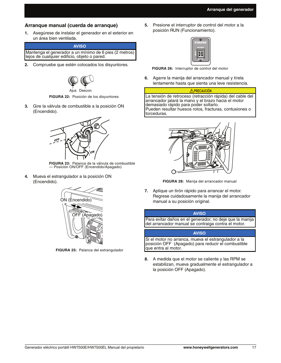 Arranque manual (cuerda de arranque) | Honeywell HW7500EL User Manual | Page 69 / 94