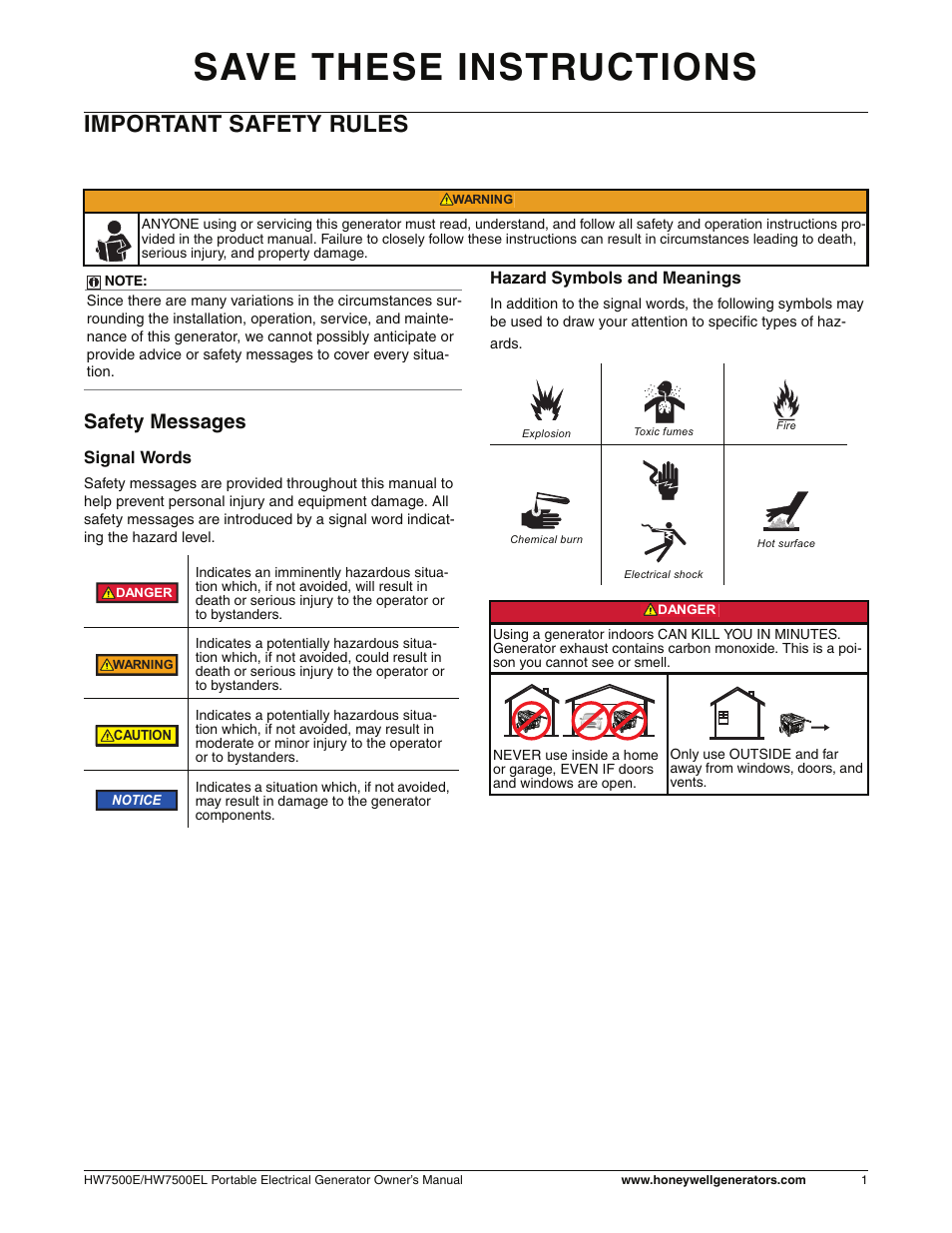 Important safety rules, Safety messages, Save these instructions | Honeywell HW7500EL User Manual | Page 7 / 94