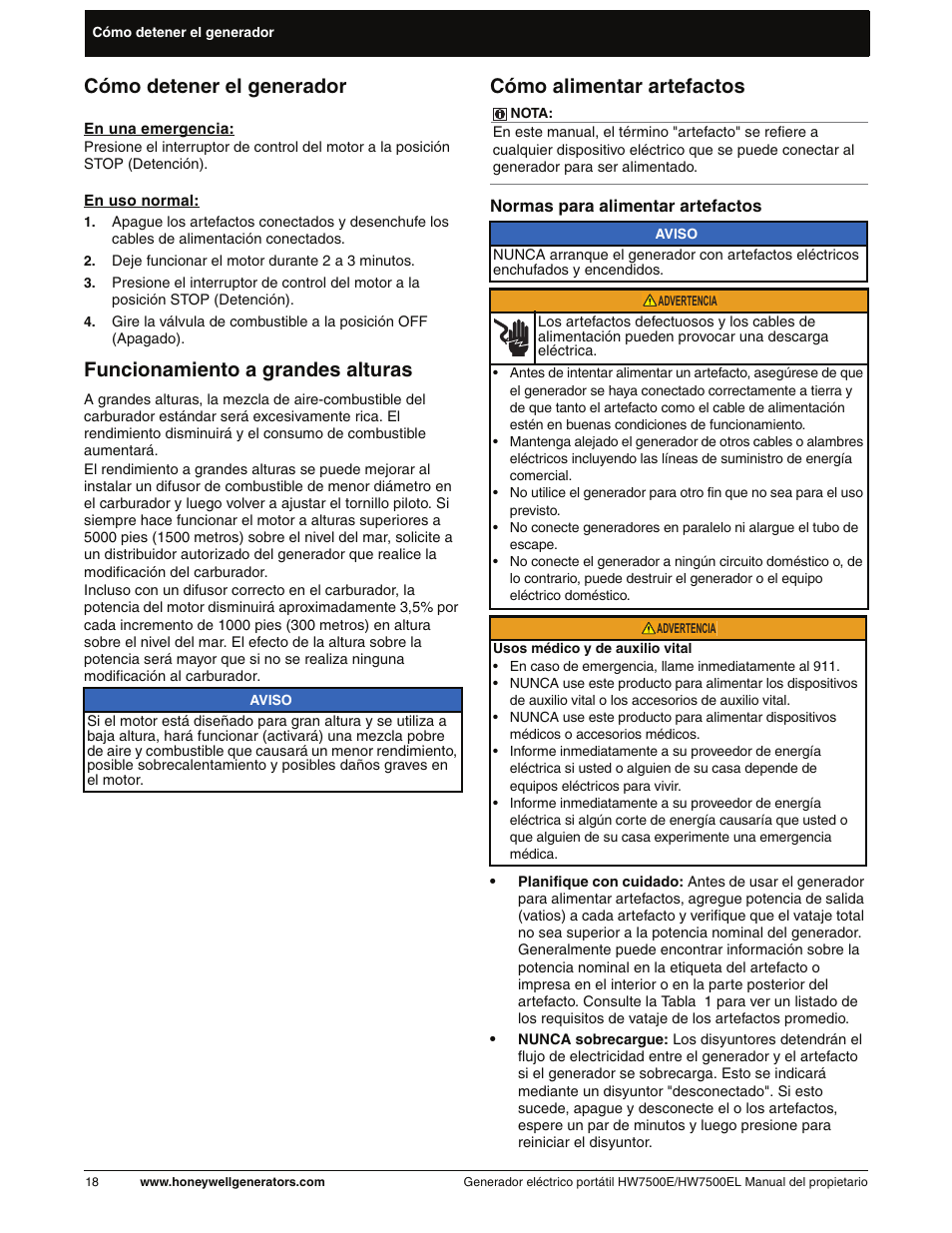 Cómo detener el generador, Funcionamiento a grandes alturas, Cómo alimentar artefactos | Honeywell HW7500EL User Manual | Page 70 / 94