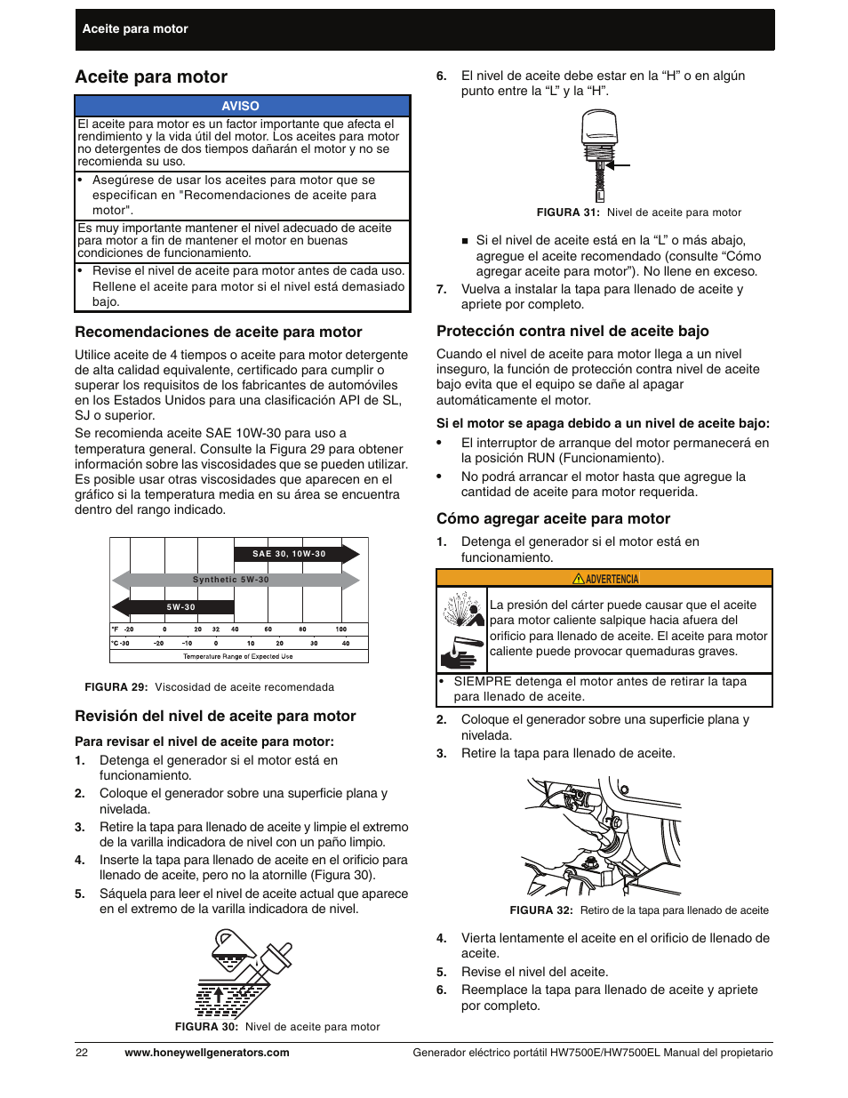Aceite para motor, Revisión del nivel de aceite para motor, Cómo agregar aceite para motor | Honeywell HW7500EL User Manual | Page 74 / 94