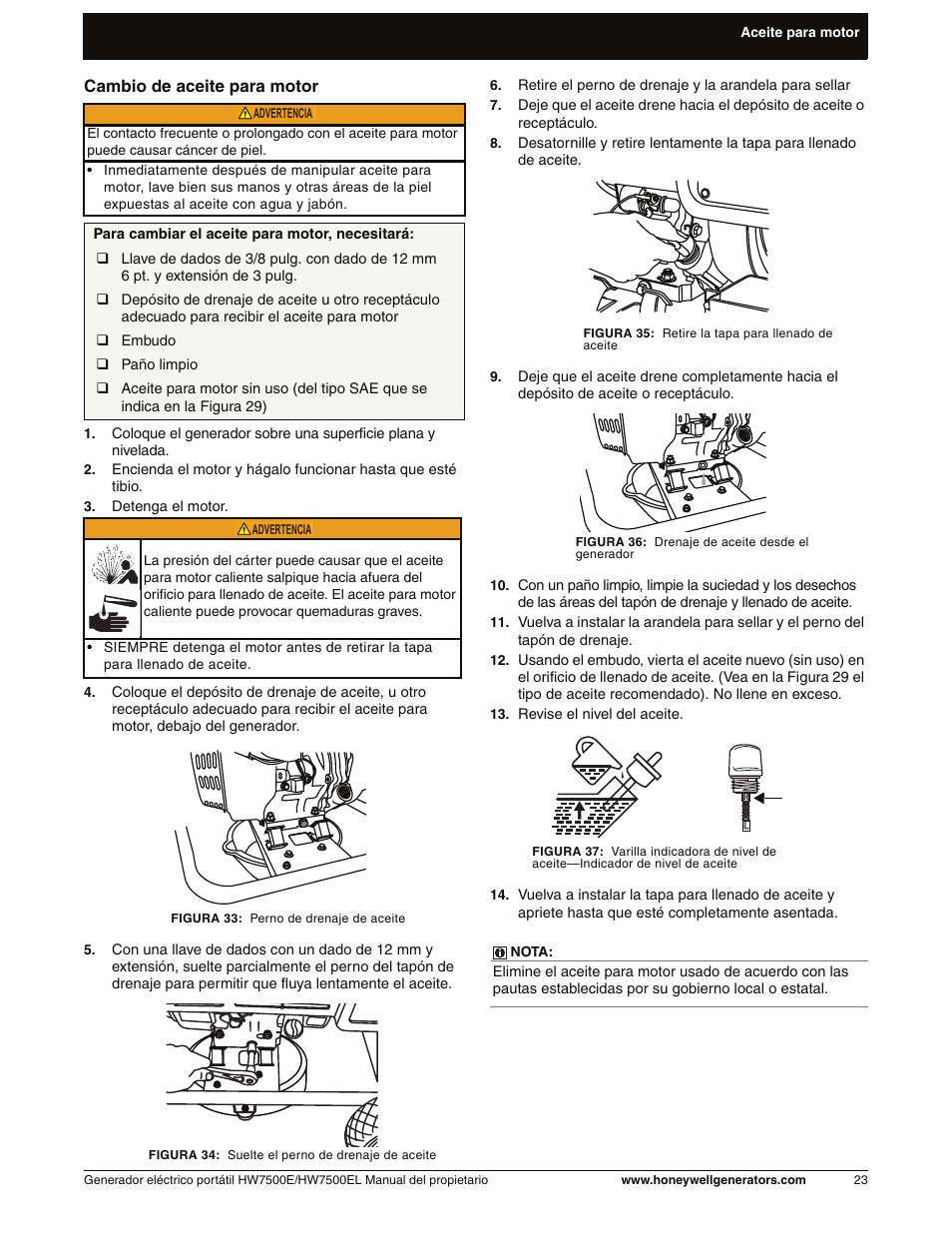 Cambio de aceite para motor | Honeywell HW7500EL User Manual | Page 75 / 94