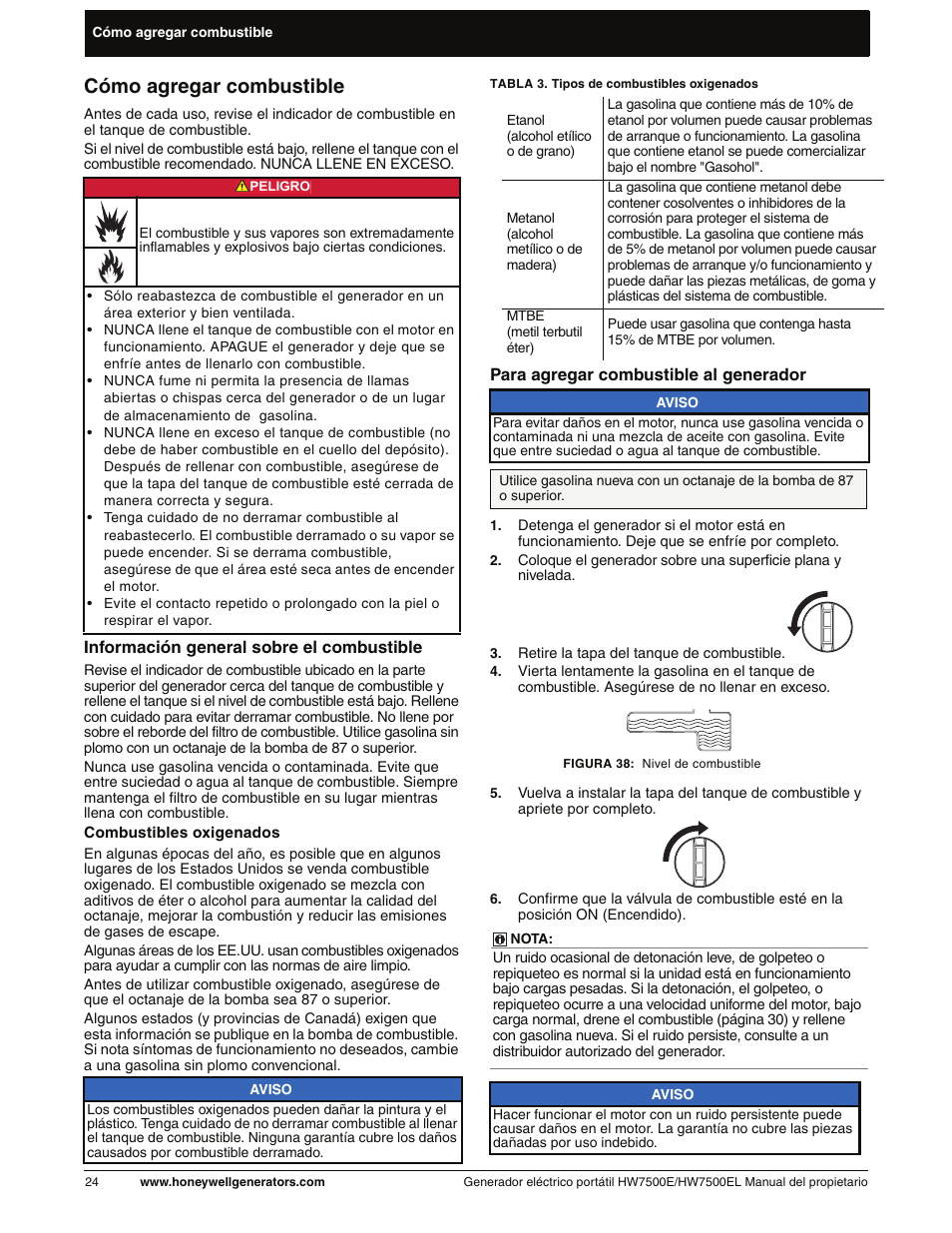 Cómo agregar combustible, Para agregar combustible al generador | Honeywell HW7500EL User Manual | Page 76 / 94