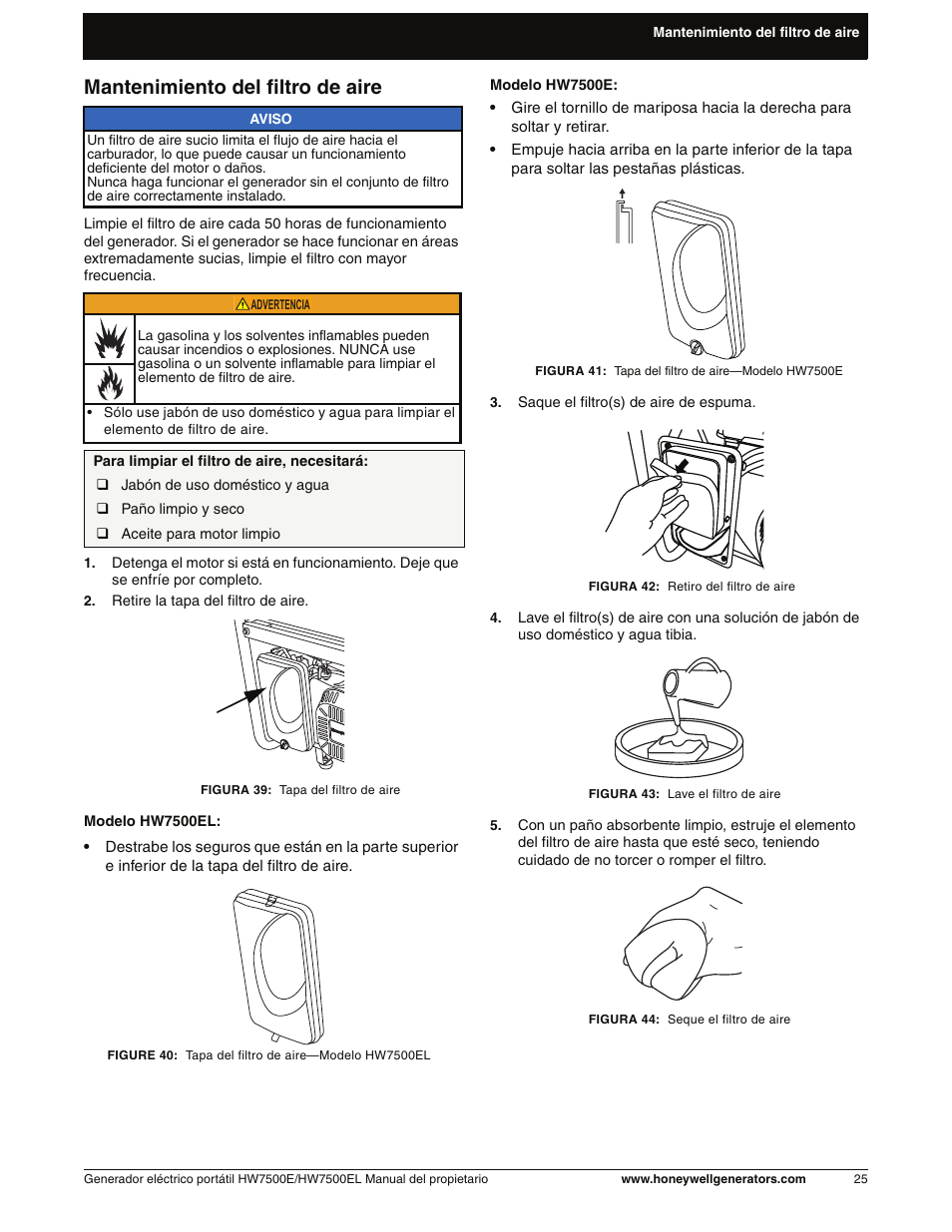 Mantenimiento del filtro de aire | Honeywell HW7500EL User Manual | Page 77 / 94