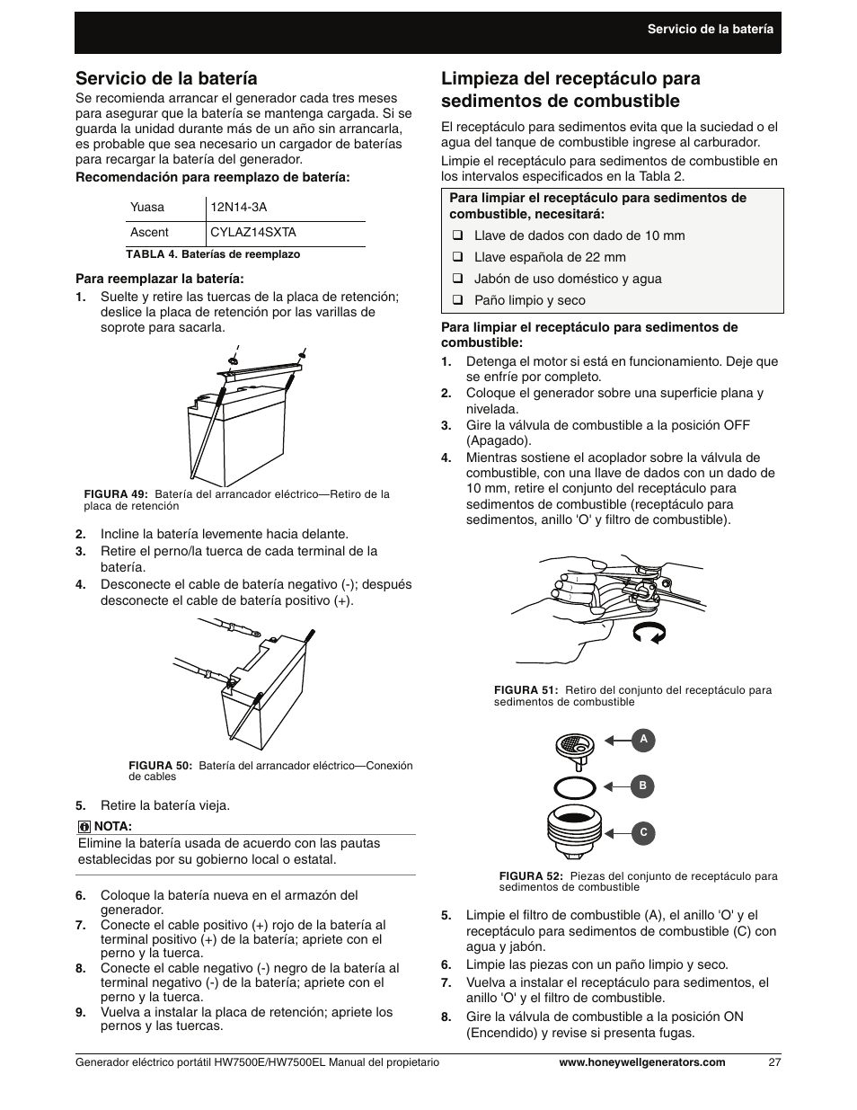 Servicio de la batería | Honeywell HW7500EL User Manual | Page 79 / 94