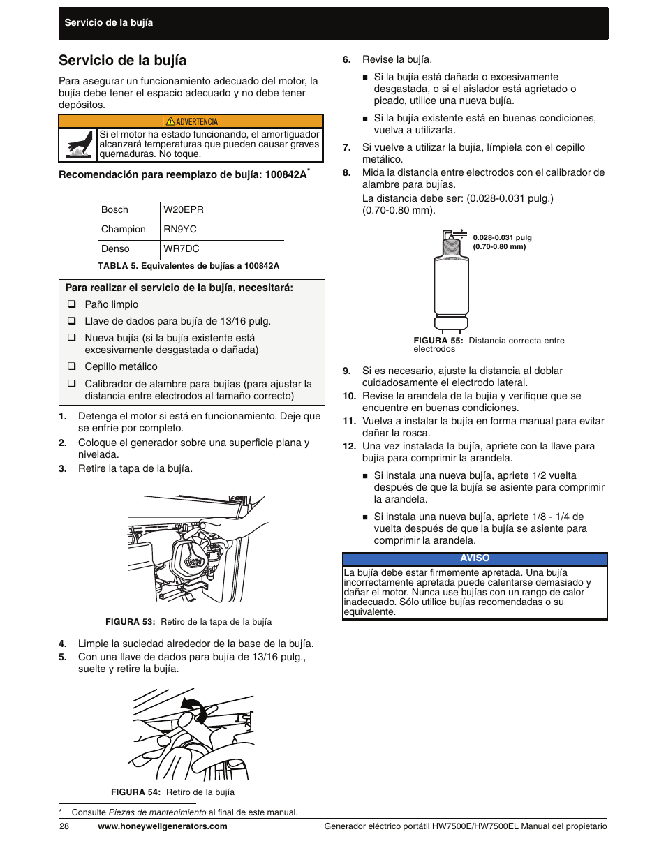 Servicio de la bujía | Honeywell HW7500EL User Manual | Page 80 / 94