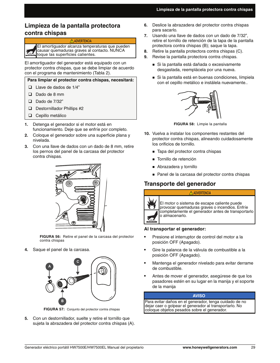 Limpieza de la pantalla protectoracontra chispas, Transporte del generador, Limpieza de la pantalla protectora contra chispas | Honeywell HW7500EL User Manual | Page 81 / 94