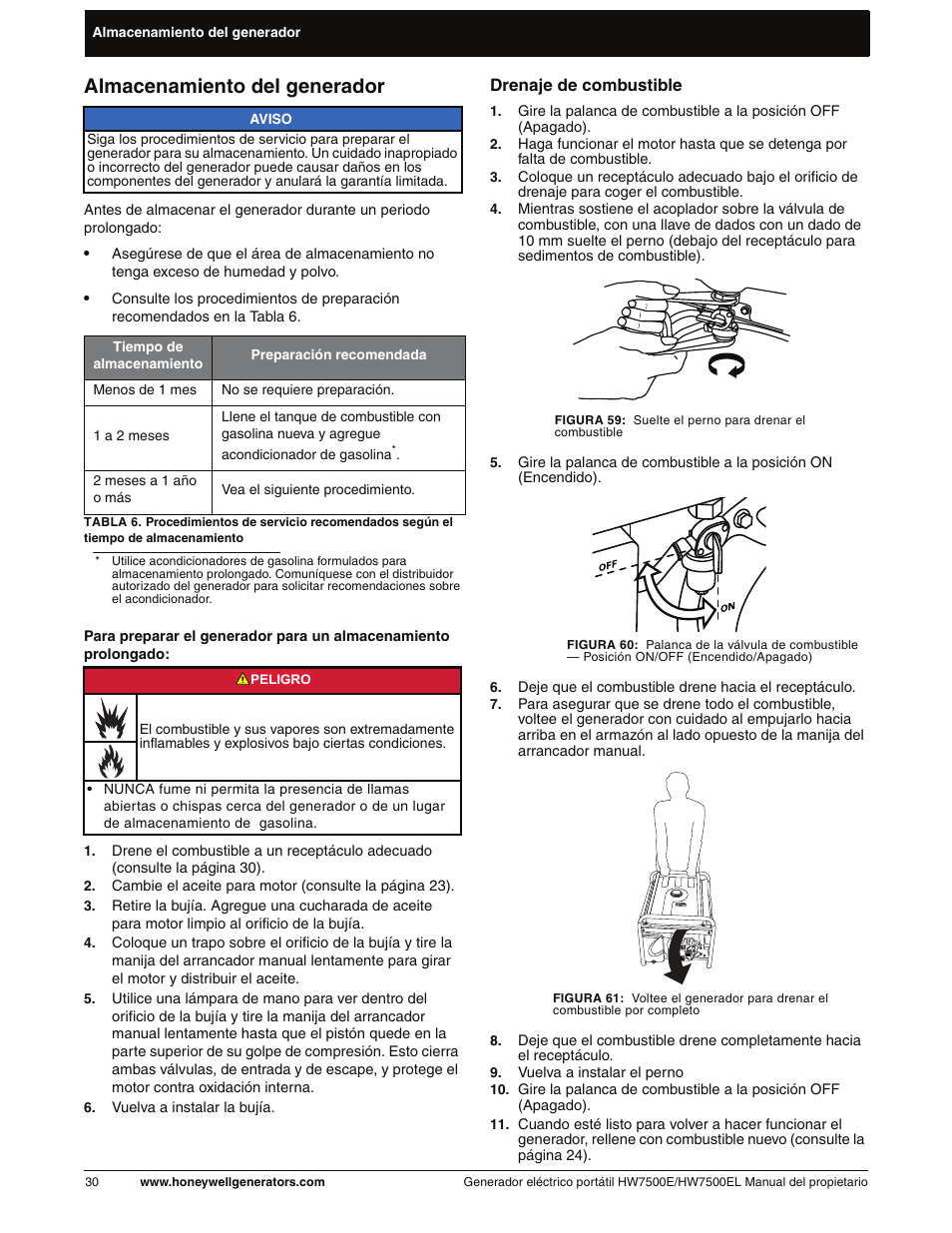 Almacenamiento del generador, Drenaje de combustible | Honeywell HW7500EL User Manual | Page 82 / 94