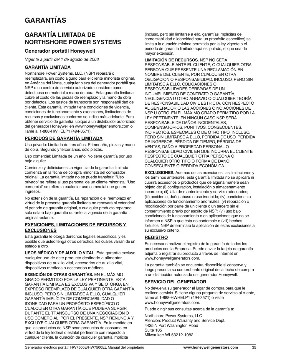 Garantías, Garantía limitade, Garantía limitada de northshore power systems | Honeywell HW7500EL User Manual | Page 87 / 94