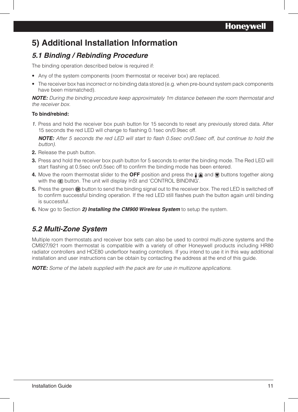 5) additional installation information, 1 binding / rebinding procedure, 2 multi-zone system | Honeywell 42011076-003 User Manual | Page 12 / 13