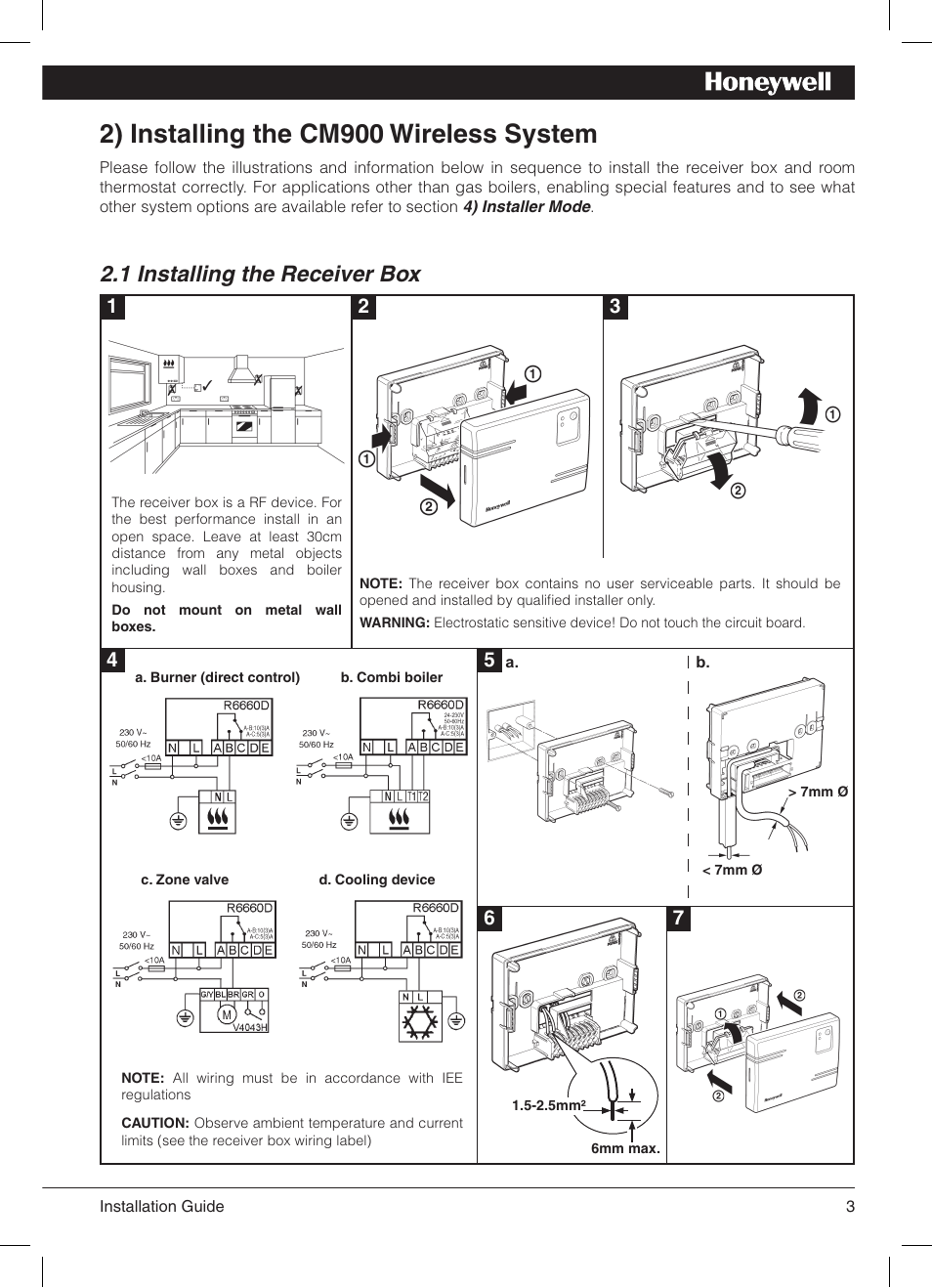 2) installing the cm900 wireless system, 1 installing the receiver box | Honeywell 42011076-003 User Manual | Page 4 / 13