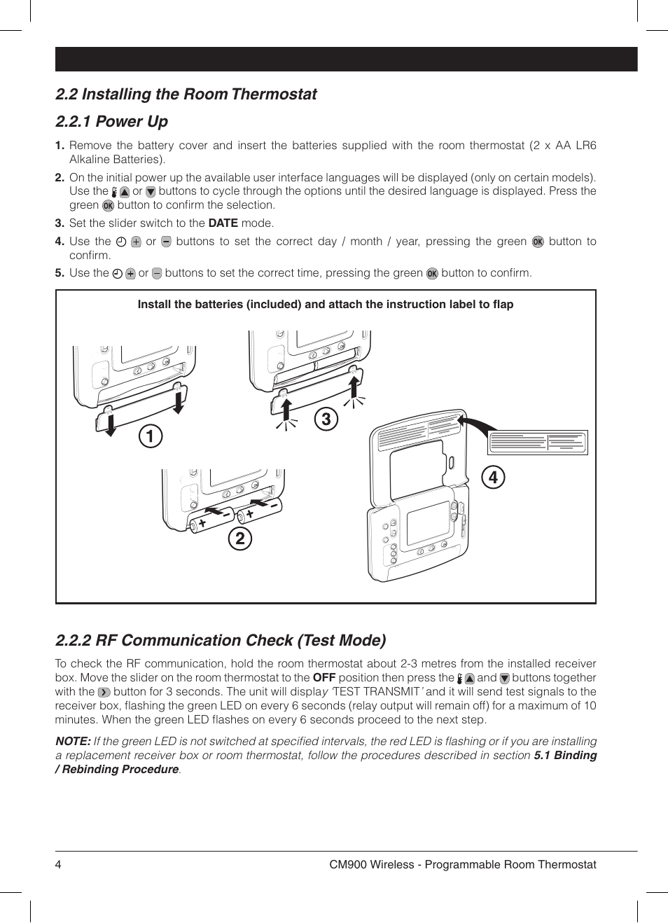 2 installing the room thermostat 2.2.1 power up, 2 rf communication check (test mode) | Honeywell 42011076-003 User Manual | Page 5 / 13