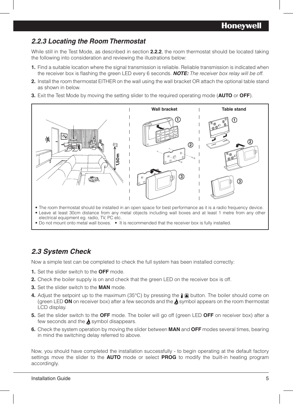 3 locating the room thermostat, 3 system check | Honeywell 42011076-003 User Manual | Page 6 / 13