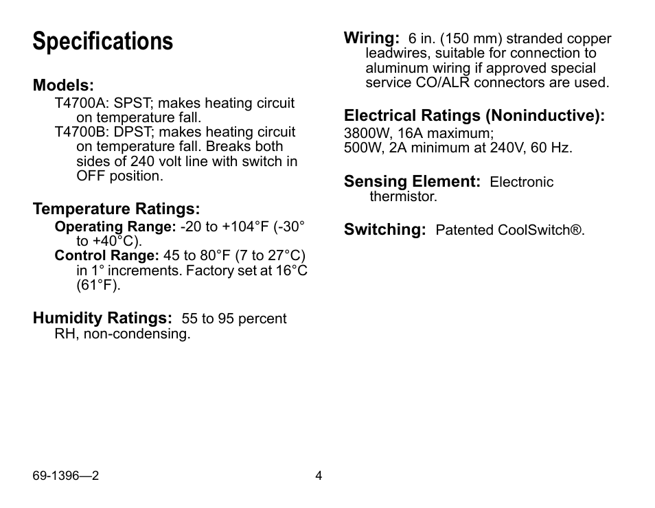 Specifications | Honeywell T4700 User Manual | Page 4 / 16